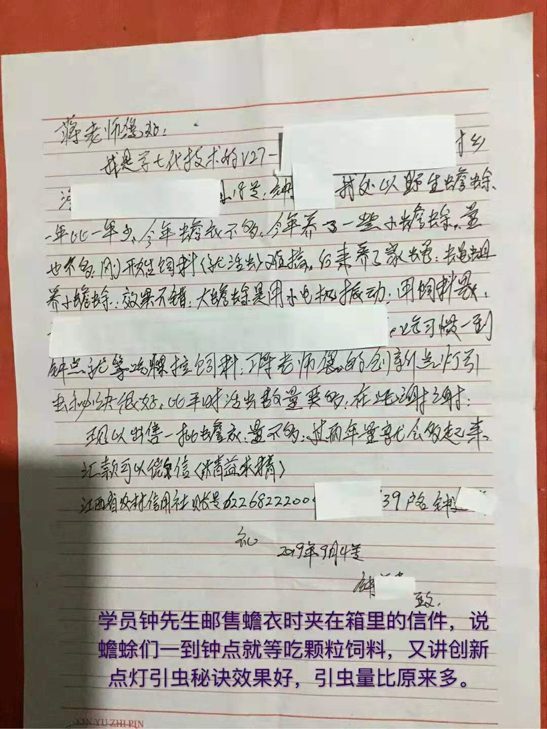 学员钟先生邮售蟾衣时放在箱里的信件中说蟾蜍们一到钟点就等吃颗粒饲料,创新点灯秘诀引虫量增加了.jpg